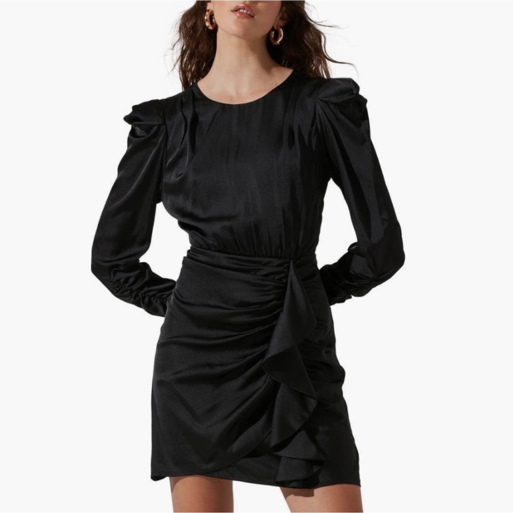 ASTR Black Satin Puff-Sleeve Wrap-Detail Mini Dress